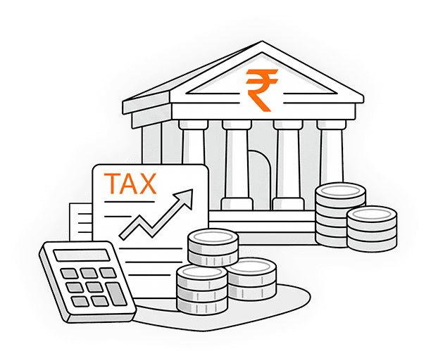 Illustration of a bank building, a tax document with a rising graph, a calculator and stacked coins, representing HUF tax savings